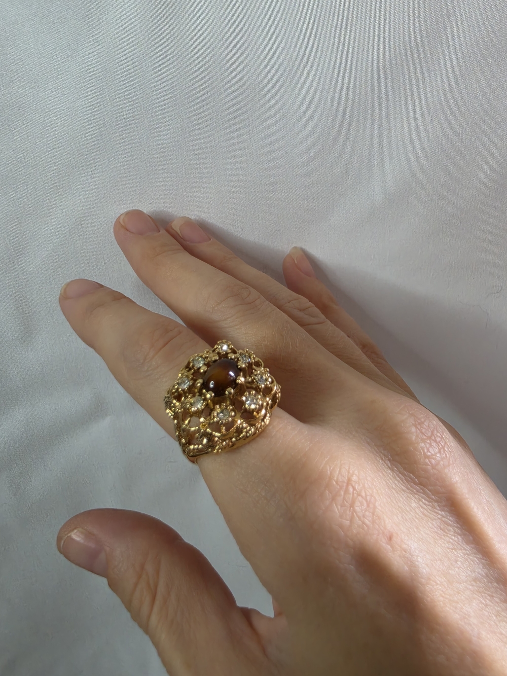Vintage Karatclad Gold Plated Cubic Zirconia & Tiger Eye Glass Cabochon Ring.